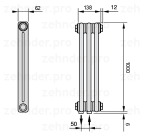 Схема (чертеж) Радиатор Zehnder Charleston 2100/3 №5410 Белый глянцевый RAL 9016